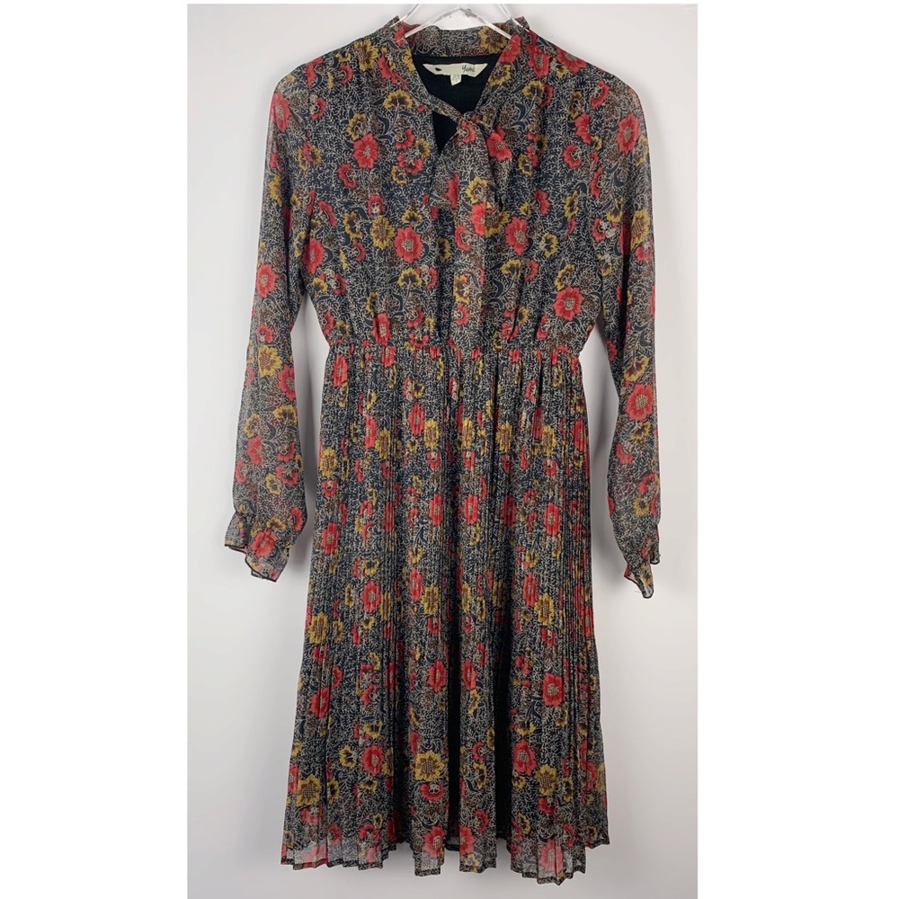 YUMI Pleated Floral Dress US S (2/4) Tie Neck✨